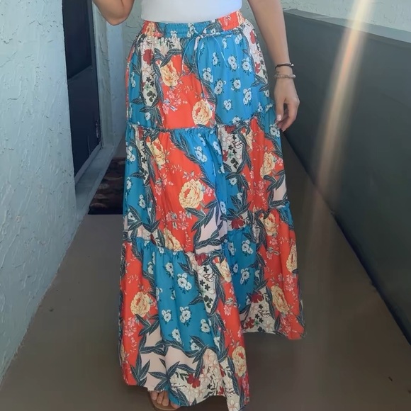 Floral Maxi Skirt - Blue and Red - Picture 1 of 4
